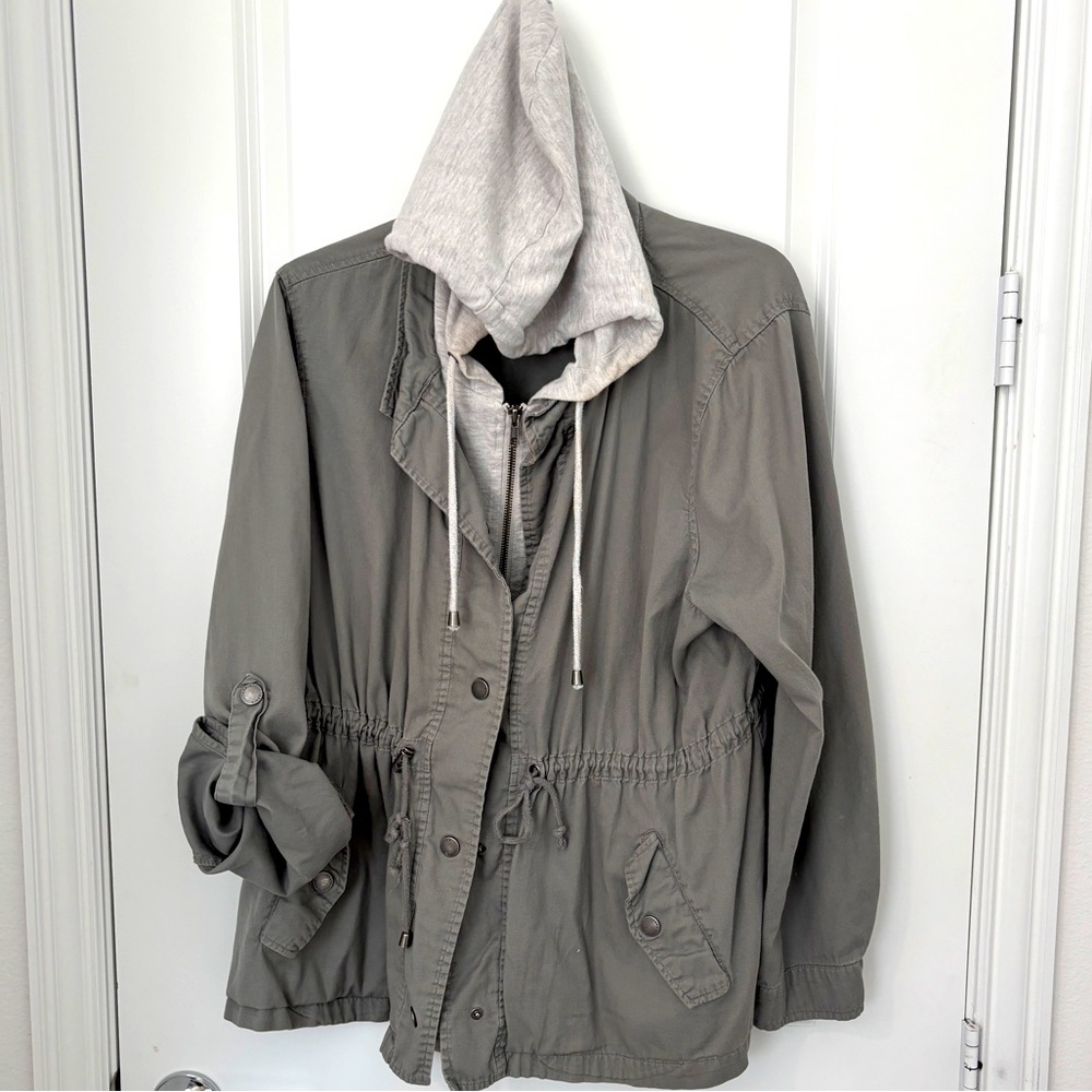 Light jacket. Torrid. Size 2. Pistachio grey w/ hoodie.